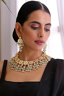 Gold Finish Kundan Polki & Pearl Choker Necklace Set
