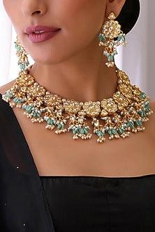 Gold Finish Kundan Polki & Pearl Choker Necklace Set