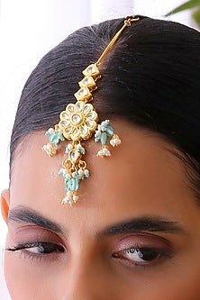 Gold Finish Kundan Polki & Pearl Maangtikka
