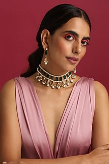 Gold Finish Green & White Kundan Polki Choker Necklace Set