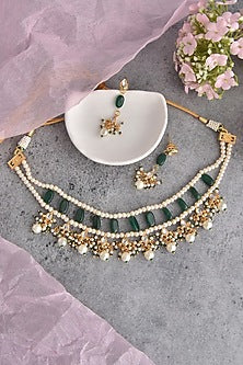 Gold Finish Green & White Kundan Polki Choker Necklace Set