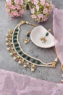 Gold Finish Green & White Kundan Polki Choker Necklace Set