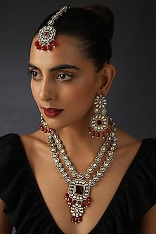 Black Rhodium Finish Red Kundan Polki Necklace Set