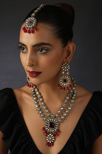 Black Rhodium Finish Red Kundan Polki Necklace Set