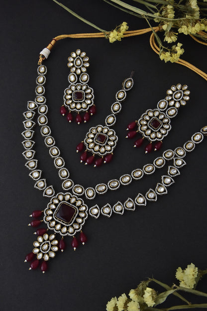 Black Rhodium Finish Red Kundan Polki Necklace Set