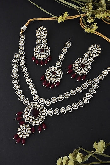 Black Rhodium Finish Red Kundan Polki Necklace Set