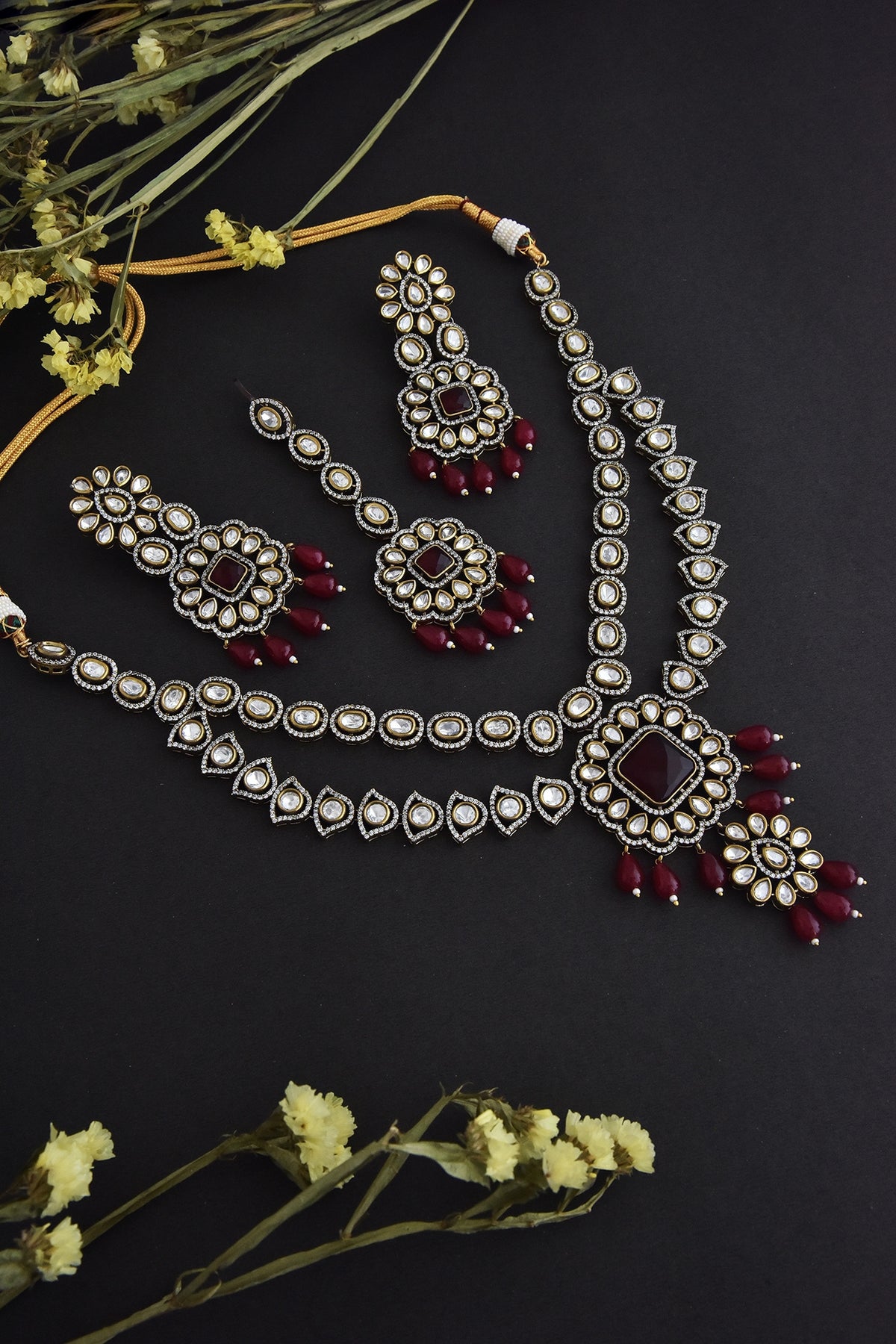Black Rhodium Finish Red Kundan Polki Necklace Set