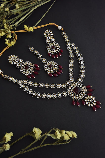 Black Rhodium Finish Red Kundan Polki Necklace Set