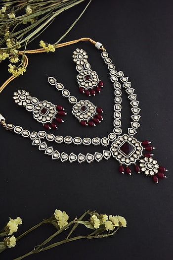 Black Rhodium Finish Red Kundan Polki Necklace Set