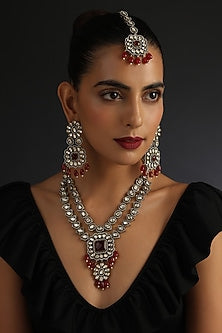 Black Rhodium Finish Red Kundan Polki Necklace Set