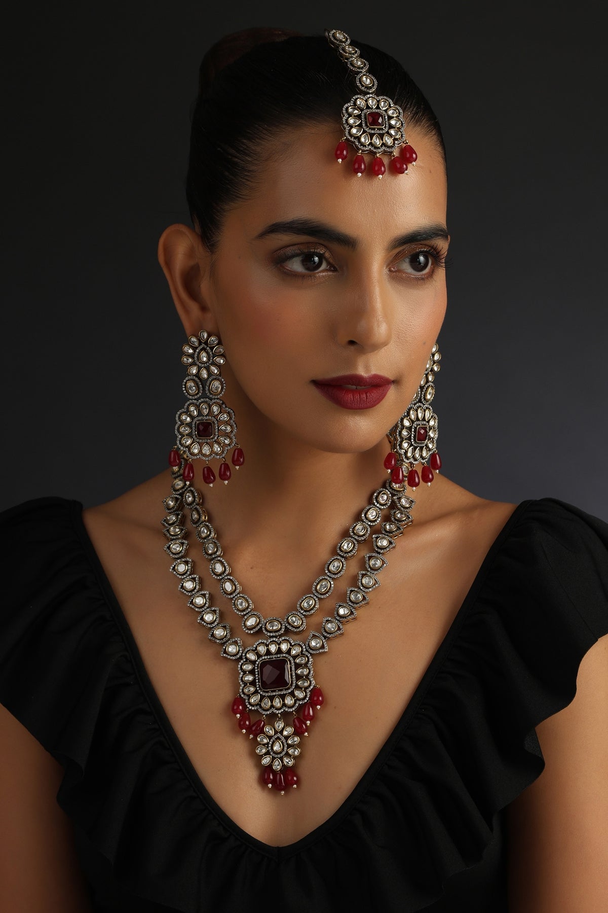 Black Rhodium Finish Red Kundan Polki Necklace Set