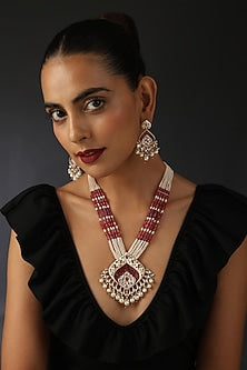 Two-Tone Finish Red Kundan Polki Long Necklace Set In Sterling Silver