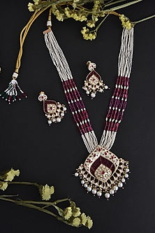 Two-Tone Finish Red Kundan Polki Long Necklace Set In Sterling Silver