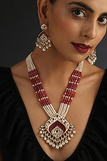 Two-Tone Finish Red Kundan Polki Long Necklace Set In Sterling Silver