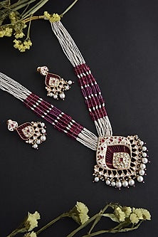 Two-Tone Finish Red Kundan Polki Long Necklace Set In Sterling Silver