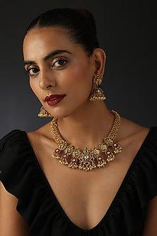 Gold Finish Kundan Polki & Jadau Necklace Set In Sterling Silver
