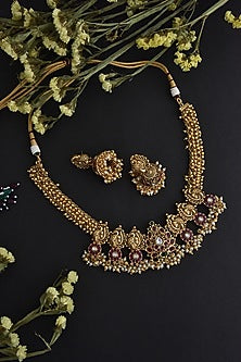 Gold Finish Kundan Polki & Jadau Necklace Set In Sterling Silver