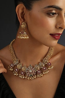 Gold Finish Kundan Polki & Jadau Necklace Set In Sterling Silver