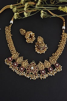 Gold Finish Kundan Polki & Jadau Necklace Set In Sterling Silver
