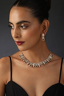 Rose Gold Finish Green Kundan Polki Necklace Set In Sterling Silver