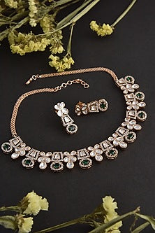Rose Gold Finish Green Kundan Polki Necklace Set In Sterling Silver