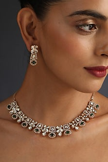 Rose Gold Finish Green Kundan Polki Necklace Set In Sterling Silver