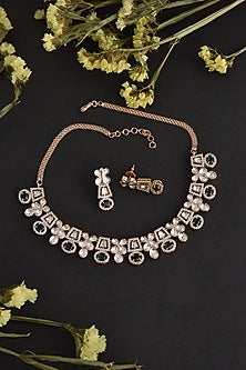 Rose Gold Finish Green Kundan Polki Necklace Set In Sterling Silver