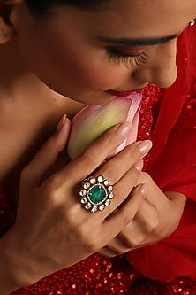 Gold Finish Kundan Polki & Emerald Ring