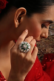 Gold Finish Kundan Polki & Emerald Ring