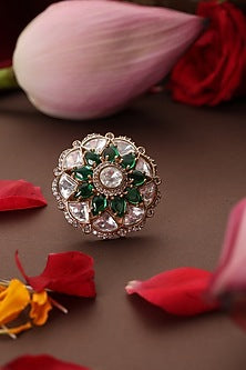 Gold Finish Kundan Polki & Emerald Ring