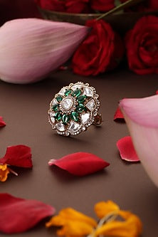 Gold Finish Kundan Polki & Emerald Ring
