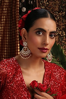 Gold Finish Kundan Polki & Red Stone Chandbali Earrings