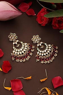 Gold Finish Kundan Polki & Red Stone Chandbali Earrings