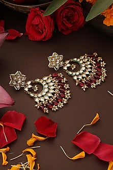 Gold Finish Kundan Polki & Red Stone Chandbali Earrings