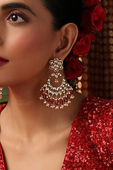 Gold Finish Kundan Polki & Red Stone Chandbali Earrings
