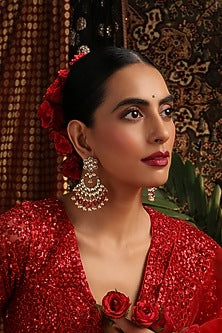 Gold Finish Kundan Polki & Red Stone Chandbali Earrings