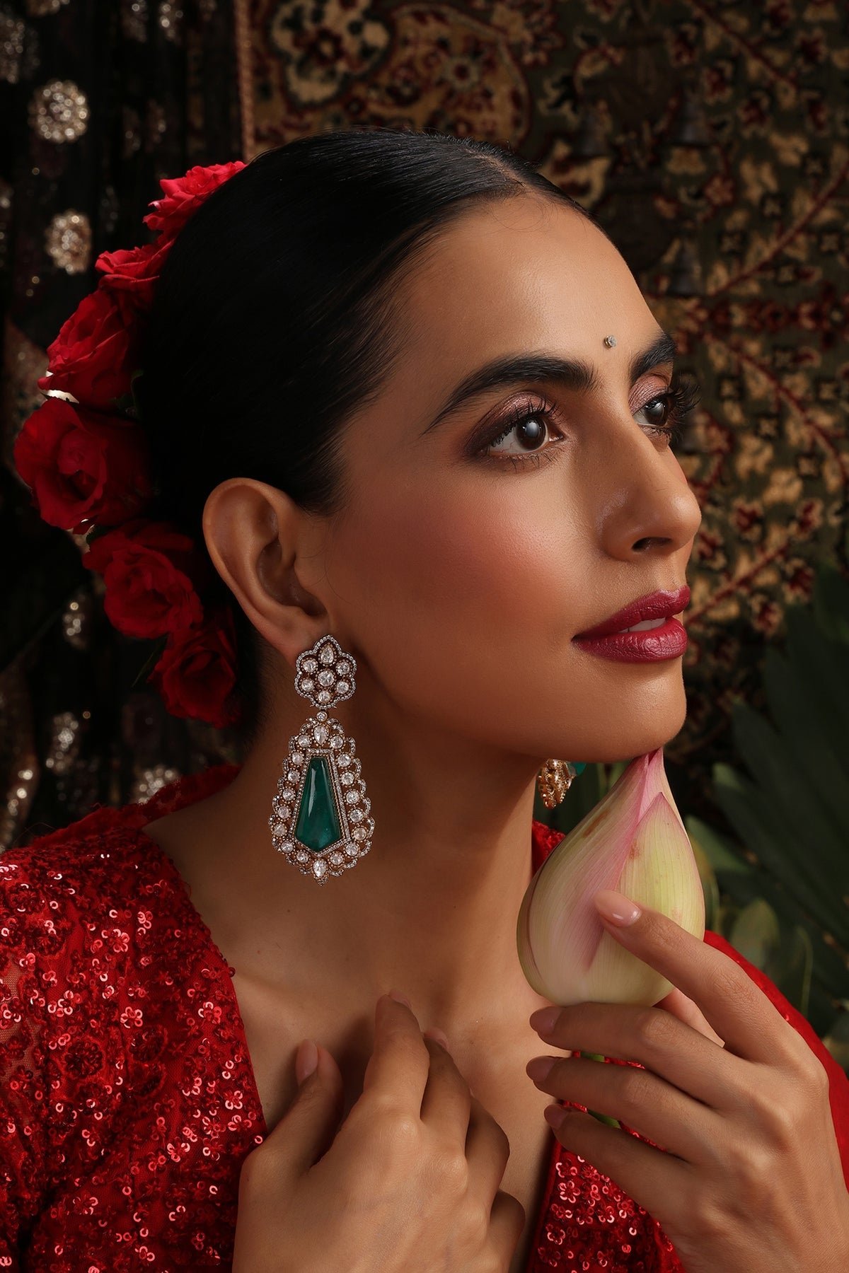 Rose Gold Finish Kundan Polki & Emerald Stone Dangler Earrings