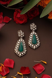 Rose Gold Finish Kundan Polki & Emerald Stone Dangler Earrings