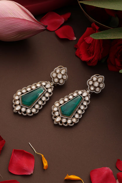 Rose Gold Finish Kundan Polki & Emerald Stone Dangler Earrings