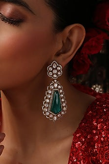 Rose Gold Finish Kundan Polki & Emerald Stone Dangler Earrings