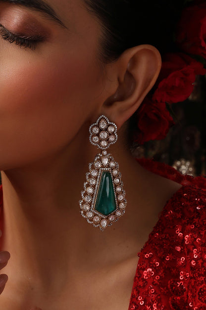 Rose Gold Finish Kundan Polki & Emerald Stone Dangler Earrings