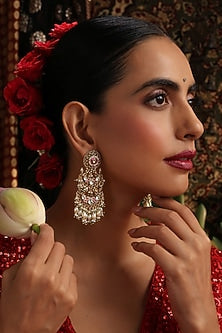Gold Finish Red Kundan Polki Jadau Dangler Earrings