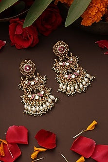 Gold Finish Red Kundan Polki Jadau Dangler Earrings