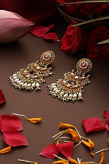 Gold Finish Red Kundan Polki Jadau Dangler Earrings