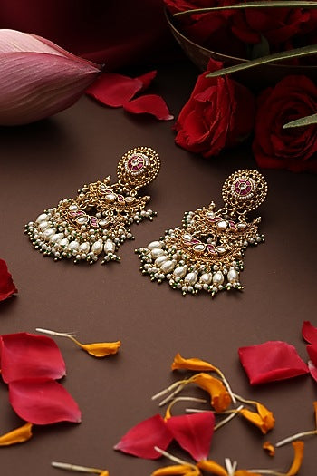 Gold Finish Red Kundan Polki Jadau Dangler Earrings