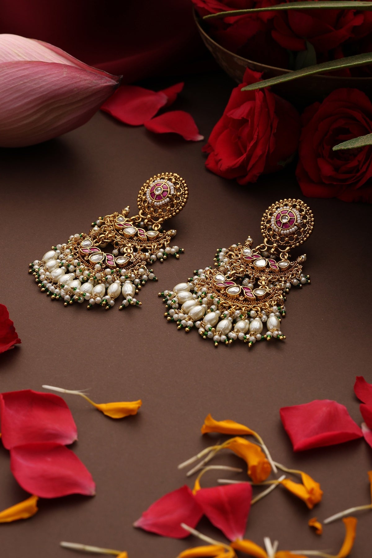 Gold Finish Red Kundan Polki Jadau Dangler Earrings