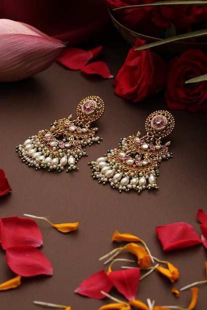 Gold Finish Red Kundan Polki Jadau Dangler Earrings