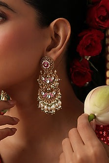 Gold Finish Red Kundan Polki Jadau Dangler Earrings