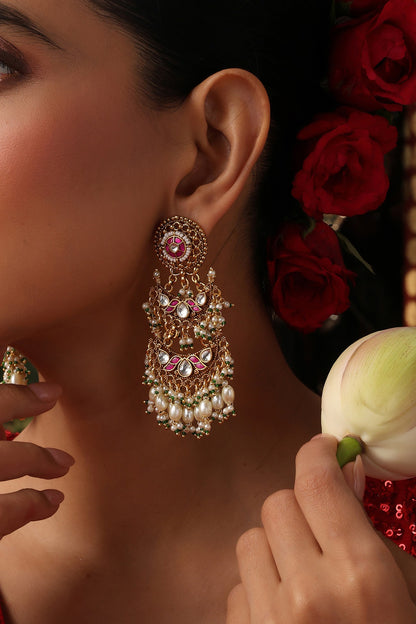 Gold Finish Red Kundan Polki Jadau Dangler Earrings