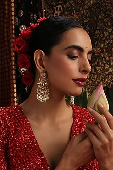 Gold Finish Red Kundan Polki Jadau Dangler Earrings